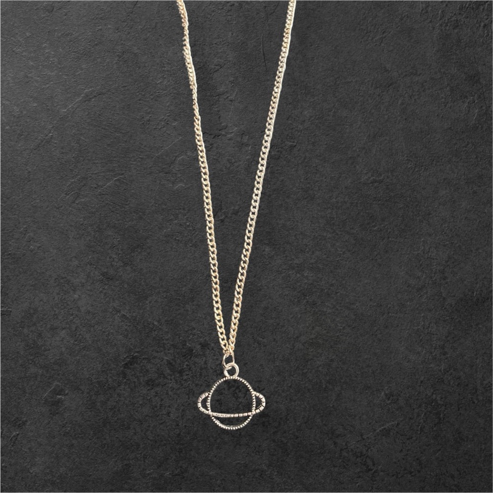 Handmade Silver Colored Saturn Planet Charm Adjustable Chain Necklace